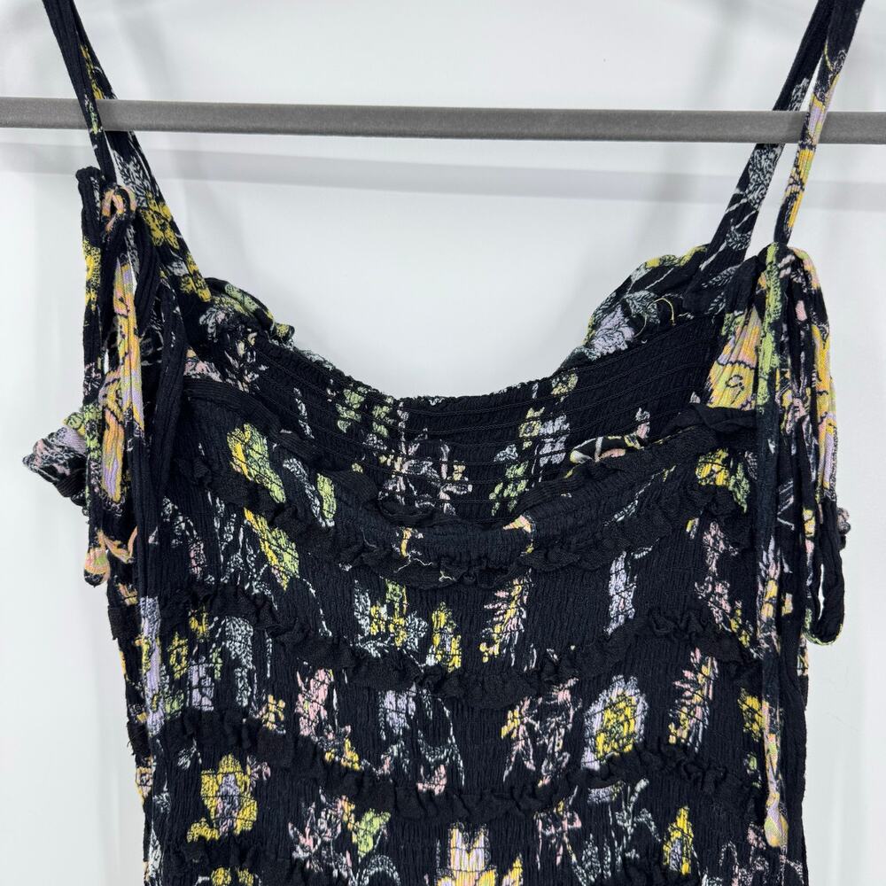 Free People Isla Midi Dress S Black Dark Floral Ruched Tiered Sundress Boho - Picture 4 of 8